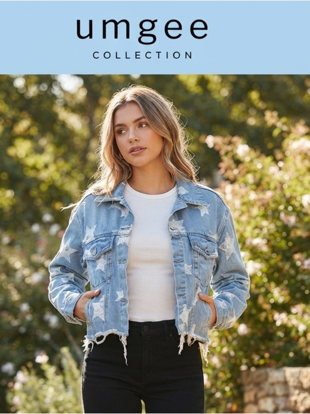 Umgee Light Blue Star-Print Distressed Denim Jacket